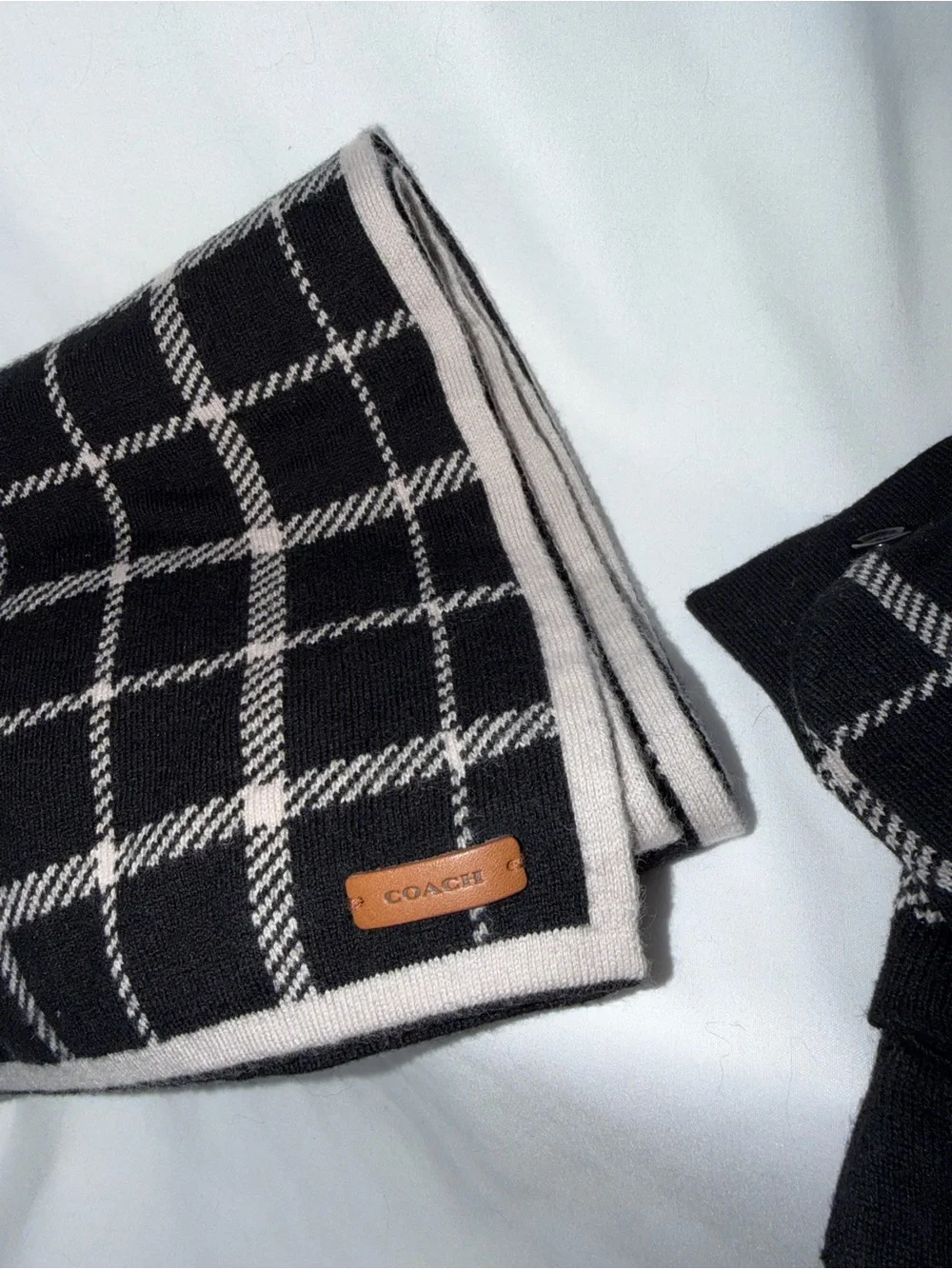 Coach| Black and Cream Tattersall Wool Scarf and Convertible Glove Set